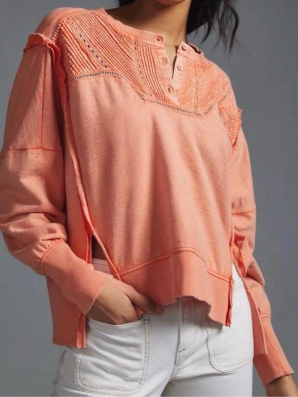 Anthropologie Pilcro Pintuck Yoke Henley Peach Orange Sweater - XL